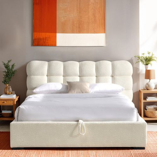 Lit Coffre Adulte 180x200 Cm Avec Sommier Et Tête De Lit Capitonnée En Tissu Bouclé Beige - Lola