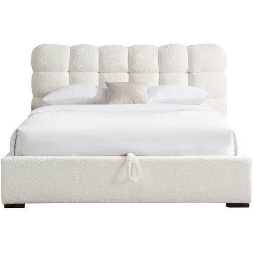 Lit Coffre Adulte 180x200 Cm Avec Sommier Et Tête De Lit Capitonnée En Tissu Bouclé Beige - Lola