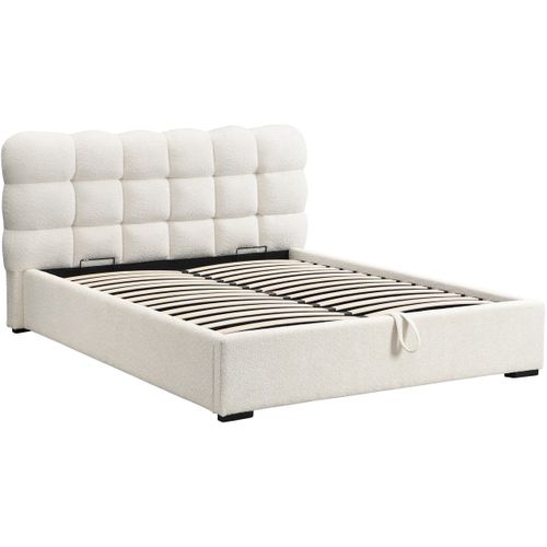Lit Coffre Adulte 180x200 Cm Avec Sommier Et Tête De Lit Capitonnée En Tissu Bouclé Beige - Lola