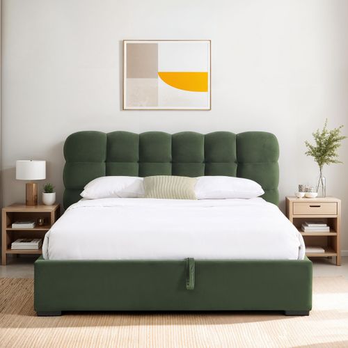 Lit Coffre Adulte 180x200 Cm Avec Sommier Et Tête De Lit Capitonnée En Velours Vert Kaki - Lola