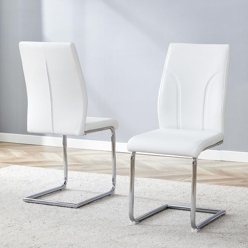 Lot De 2 Chaises De Salle à Manger, Pieds En Métal Argenté, Pu, Blanc