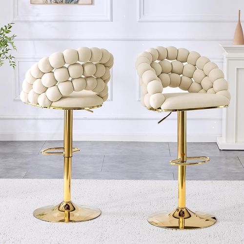 Ensemble De 2 Tabourets De Bar, Pieds Réglables Plaqués Or, Velours, Blanc Crème