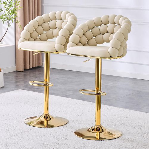 Ensemble De 2 Tabourets De Bar, Pieds Réglables Plaqués Or, Velours, Blanc Crème