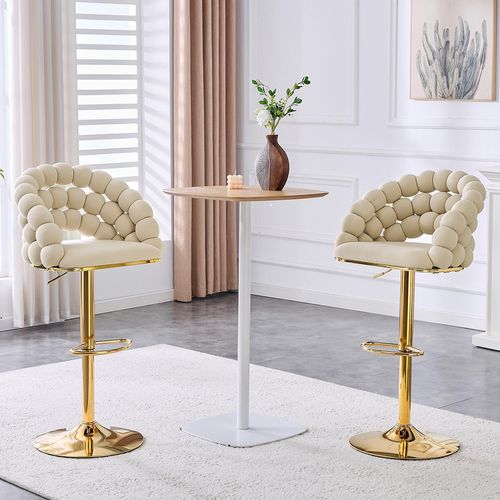 Ensemble De 2 Tabourets De Bar, Pieds Réglables Plaqués Or, Velours, Blanc Crème