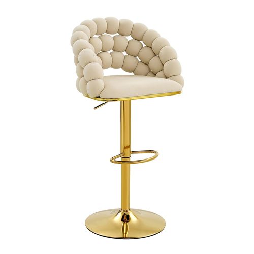 Ensemble De 2 Tabourets De Bar, Pieds Réglables Plaqués Or, Velours, Blanc Crème