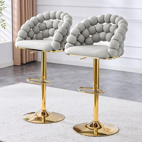Ensemble De 2 Tabourets De Bar, Pieds Réglables Plaqués Or, Velours, Gris Clair