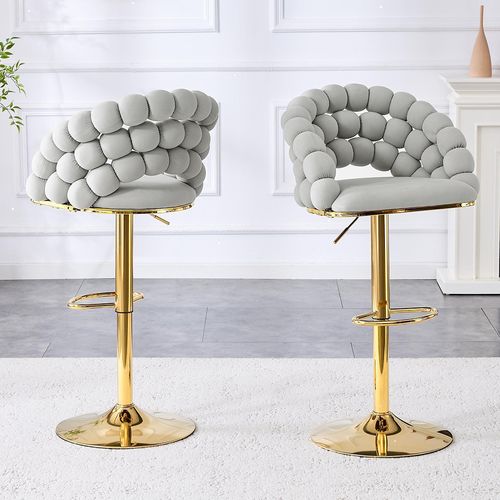 Ensemble De 2 Tabourets De Bar, Pieds Réglables Plaqués Or, Velours, Gris Clair