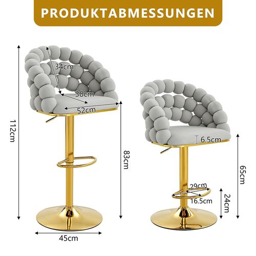 Ensemble De 2 Tabourets De Bar, Pieds Réglables Plaqués Or, Velours, Gris Clair