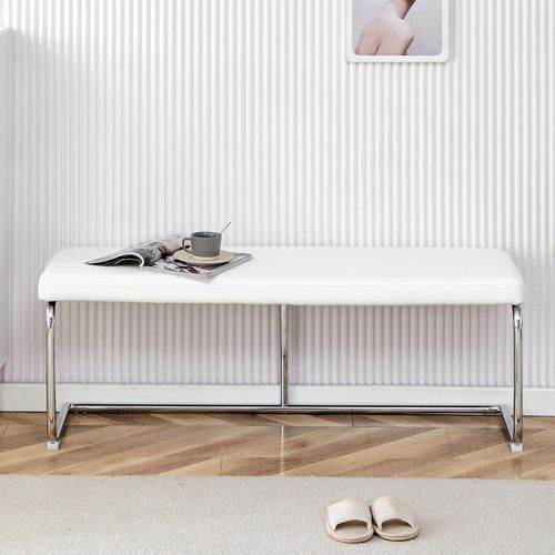 Banc En Cuir Avec Cadre Chromé, Banc Moderne, Blanc