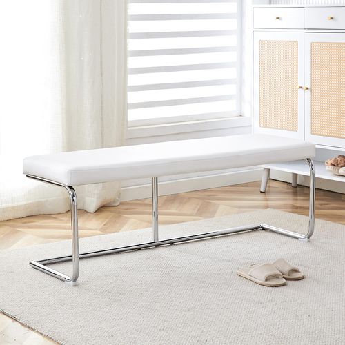 Banc En Cuir Avec Cadre Chromé, Banc Moderne, Blanc
