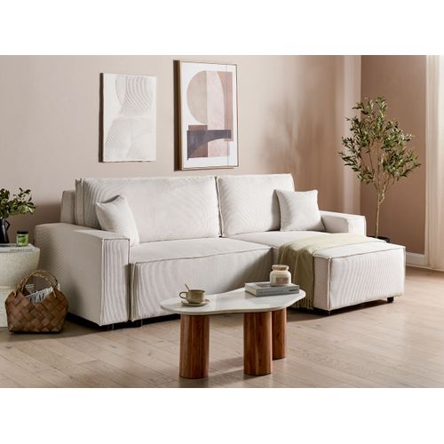 Canapé-lit D'angle 3 Places - Canapé Convertible Abacka Velours Côtelé Blanc Cassé Côté Gauche