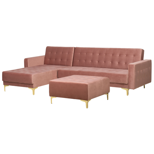 Canapé-lit D'angle Modulable 4 Places - Canapé Convertible Aberdeen Velours Rose Avec Ottoman