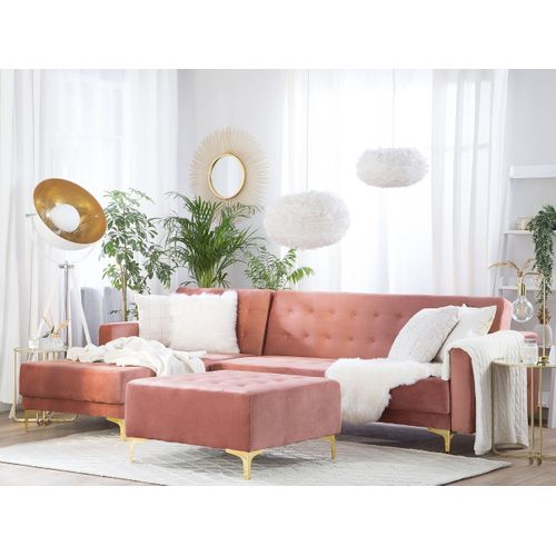 Canapé-lit D'angle Modulable 4 Places - Canapé Convertible Aberdeen Velours Rose Avec Ottoman