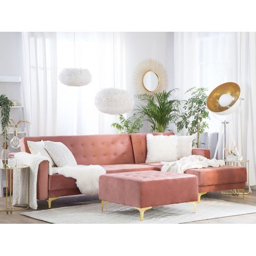 Canapé-lit D'angle Modulable 4 Places - Canapé Convertible Aberdeen Velours Rose Avec Ottoman