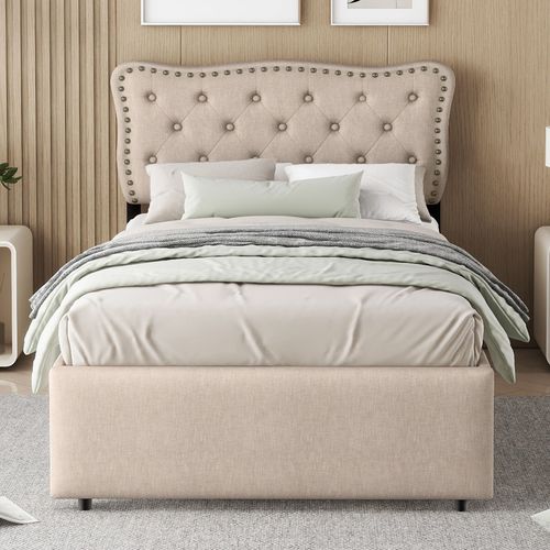 Lit Rembourré 90x200 Cm, Avec Rivets Décoratifs, Double Tiroir, Beige Foncé