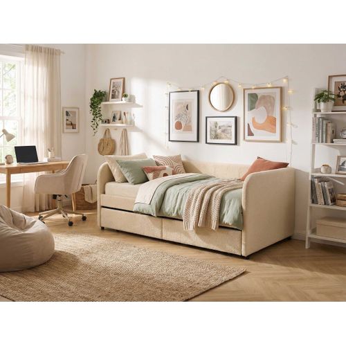 Lit Banquette Spector - 90 X 200 Cm - Avec Tiroirs De Rangement - Tissu Teddy Beige
