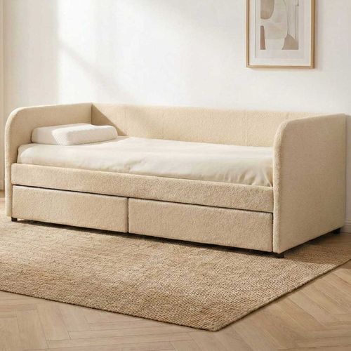 Lit Banquette Spector - 90 X 200 Cm - Avec Tiroirs De Rangement - Tissu Teddy Beige