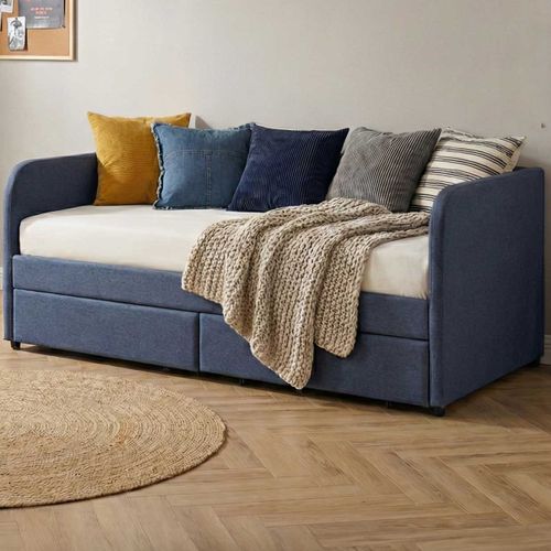 Lit Banquette Spector - 90 X 200 Cm - Avec Tiroirs De Rangement - Tissu Bleu