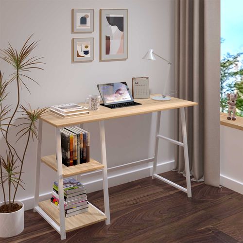 Bureau Dwayne - 120x50x73cm - Avec Rangement - Décor Chêne/blanc