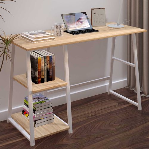 Bureau Dwayne - 120x50x73cm - Avec Rangement - Décor Chêne/blanc