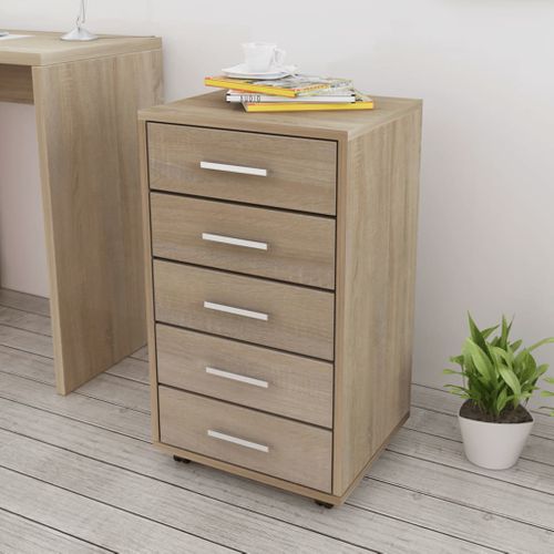 Caisson à Tiroir De Bureau - Rangement Bureau Avec Roulettes 5 Tiroirs Chêne