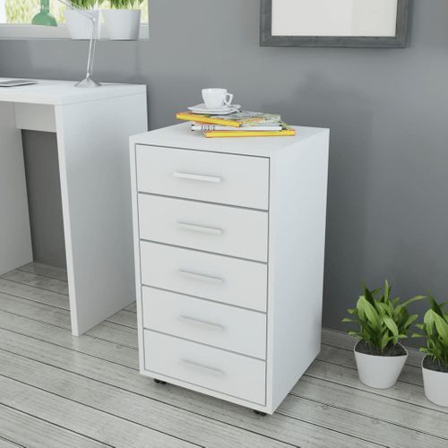 Caisson à Tiroir De Bureau - Rangement Bureau Avec Roulettes Et 5 Tiroirs Blanc