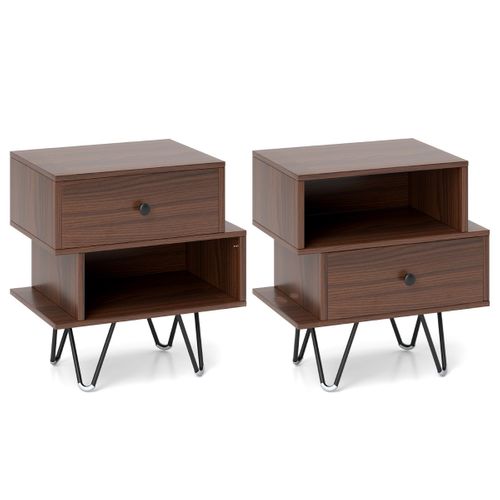 2pcs Tables De Chevet Tables De Nuit Avec Tiroir Amovible 44 X 29 X 47 Cm Noyer