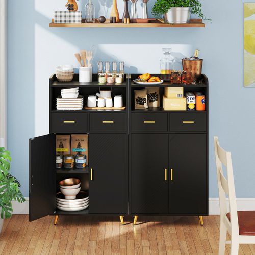 Buffet De Cuisine Armoire De Garde-manger Avec Portes 2 Tiroirs Étagère Réglable 60x30x113cm Noir