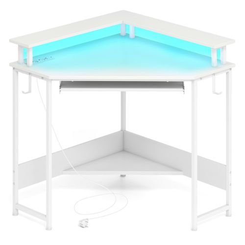 Bureau D'angle Bureau D'ordinateur LED Avec Station De Charge Support Pour Écran 80x80x88cm Blanc