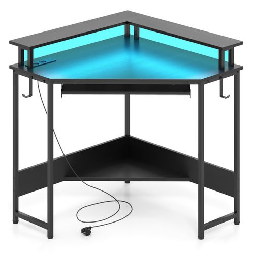 Bureau D'angle Bureau D'ordinateur LED Avec Station De Charge Support Pour Écran 80x80x88cm Noir