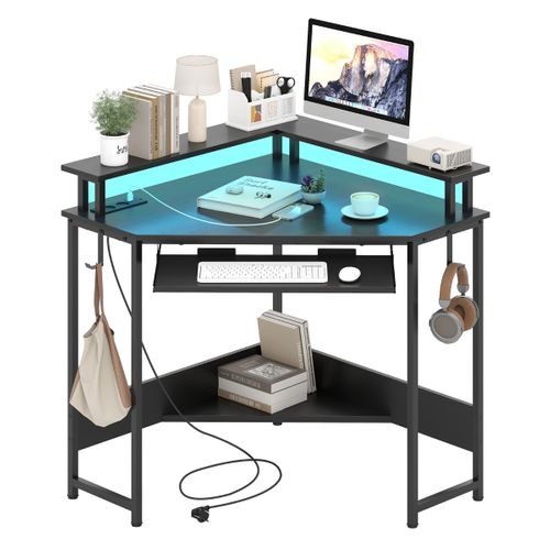 Bureau D'angle Bureau D'ordinateur LED Avec Station De Charge Support Pour Écran 80x80x88cm Noir