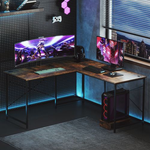 Bureau D'angle Bureau En Forme De L Réversible Avec Prise Intégrée Marron Rustique