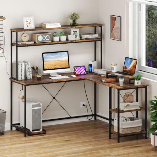 Bureau D'angle Bureau Informatique Reversible Avec LED Et Prises De Courant 145x145x147 Cm Bois