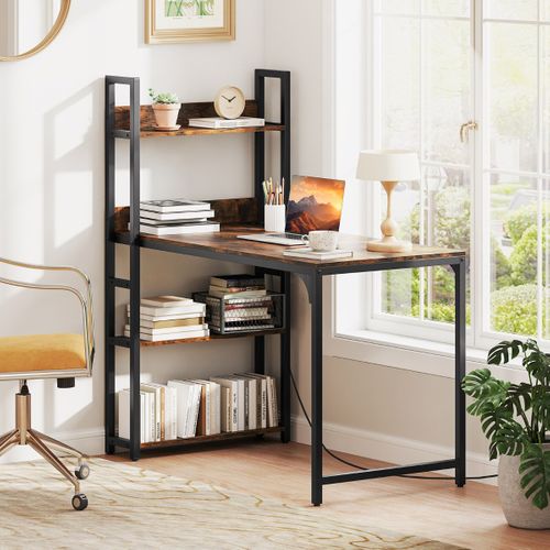 Bureau D'ordinateur Bureau D'étude Avec Bibliothèque 120 X 65 X 130 Cm Marron Rustique et Noir