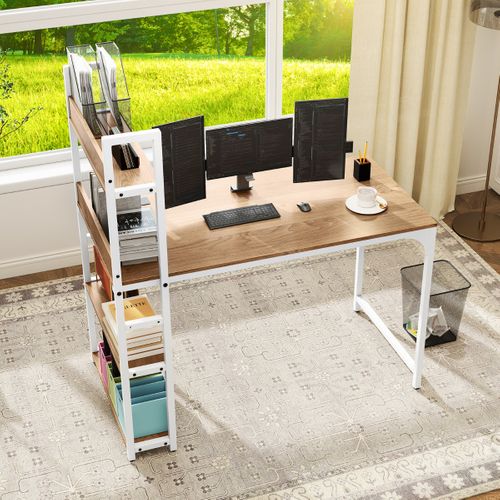 Bureau D'ordinateur Bureau D'étude Avec Bibliothèque 120 X 65 X 130 Cm Naturel et Blanc