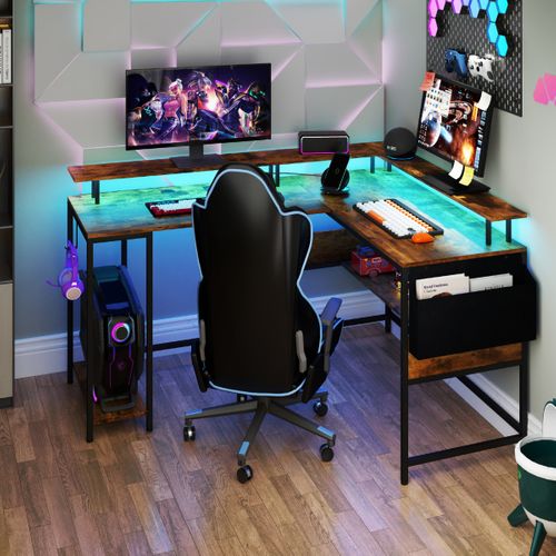 Bureau Gamer Bureau Gaming LED Avec Prises De Courant 146 X 115 X 85,5 Cm Marron Rustique