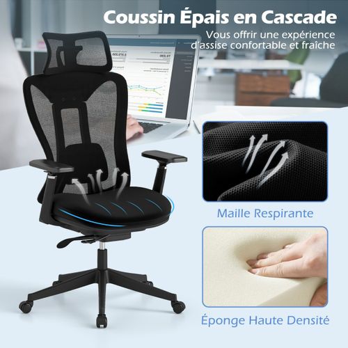 Chaise De Bureau Ergonomique Maille Chaise Exécutive Appui-tête Et Accoudoirs 3d Réglables Noir