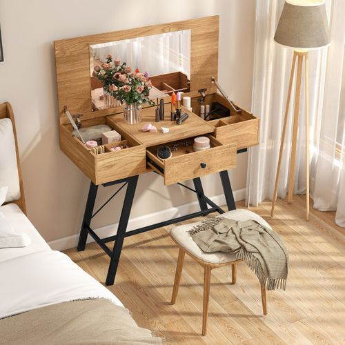 Coiffeuse Table De Maquillage Avec Miroir Station De Charge 96.5 X 46.5 X 80.5 Cm Naturel