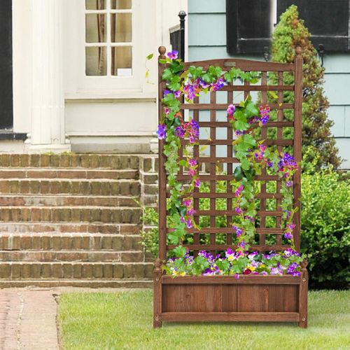 Jardinière Avec Treillis Bac à Fleurs Résistant Aux Intempéries 63,5x28x122 Cm Marron Foncé Bois
