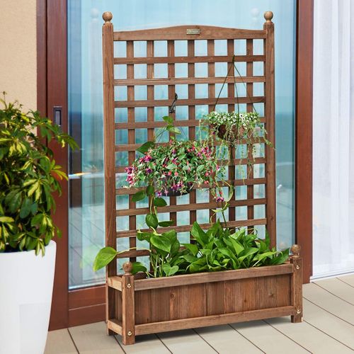 Jardinière Avec Treillis Bac à Fleurs Résistant Aux Intempéries 63,5x28x122 Cm Marron Foncé Bois