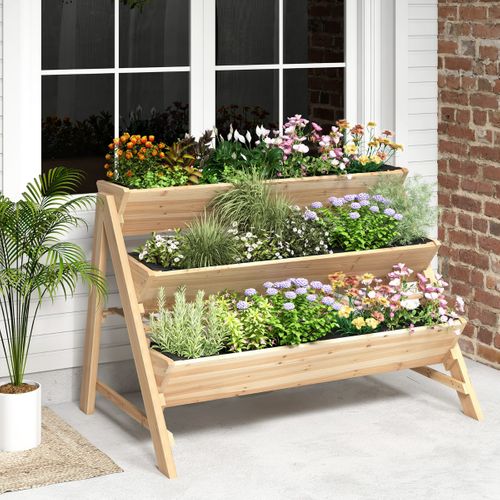 Jardinière Surélevé à 3 Niveaux Jardinière Verticale Avec Étagère 2 Crochets Suspendus Naturel Bois