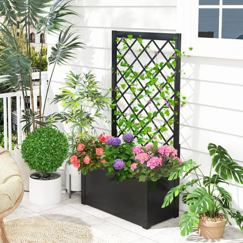 Jardinière Surélevé Avec Treillis Bac à Plantes 63 X 31 X 112 Cm Autoportant Noir Métal
