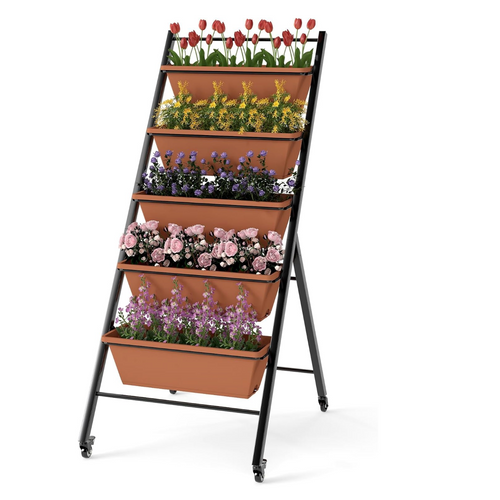 Jardinière Vertical Bac à Fleurs Mobile à 5 Niveaux Avec 5 Bacs 57 X 74 X 132 Cm Brun