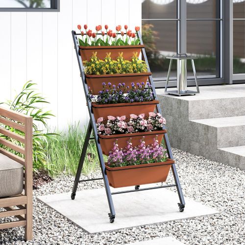 Jardinière Vertical Bac à Fleurs Mobile à 5 Niveaux Avec 5 Bacs 57 X 74 X 132 Cm Brun