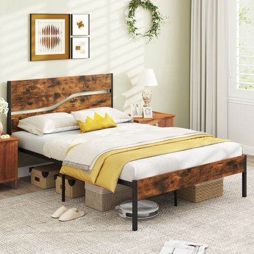 Lit Double Cadre De Lit Industriel 140x200cm Avec Sommier En Métal Tête En Bois Marron Rustique