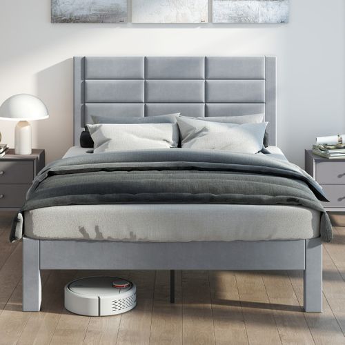Lit Double Lit Adulte Cadre De Lit 140x200cm Avec Tête De Lit Gris
