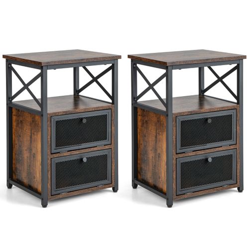 Lot De 2 Bout De Canapé Tables Basses Industrielle à 2 Portes Pour Chambre 60,5 X 40 X 35 Cm