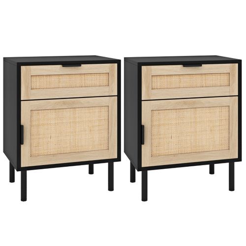 Lot De 2 Tables De Chevet Tables De Nuit Avec Tiroir Et Cabinet 45x30x59 Cm Rotin Noir