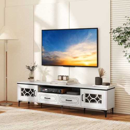 Meuble TV Banc TV Meuble De Rangement 180,5 X 35 X 46 Cm Avec 2 Tiroirs Bois Blanc