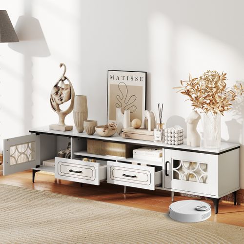 Meuble TV Banc TV Meuble De Rangement 180,5 X 35 X 46 Cm Avec 2 Tiroirs Bois Blanc